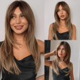 thumbnail image 1 of Pelucas sintéticas en capas para mujer, pelo largo y liso con flequillo, marrón, Rubio degradado, Cosplay, resistente al calor, 1 of 4