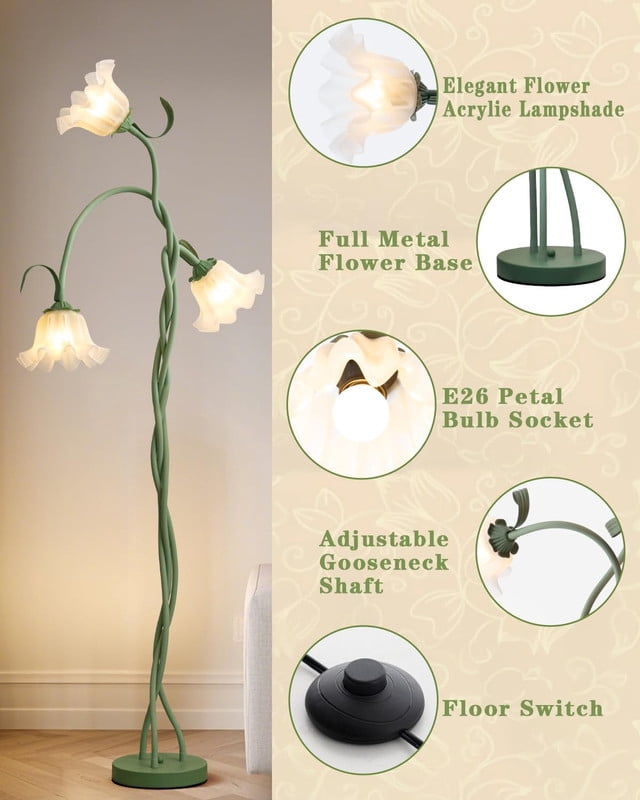 limotech Floral Floor Lamp, Standing Lamp for Bedroom, Flexible Neck,Modern 3-Head Living Room Lamp, 3 Color Temperatures Vintage Lamp for Home Living Room Corner, 60 Watt 15.7*15.7*59 Inch,Green