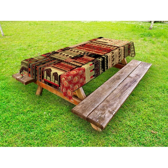 African Outdoor Tablecloth, Patchwork Style Asian Pattern with Elephants and Cultural Ancient Motifs Print, Decorative Washable Fabric Picnic Table Cloth, 58 X 84 Inches,Red Green Black, by Ambesonne