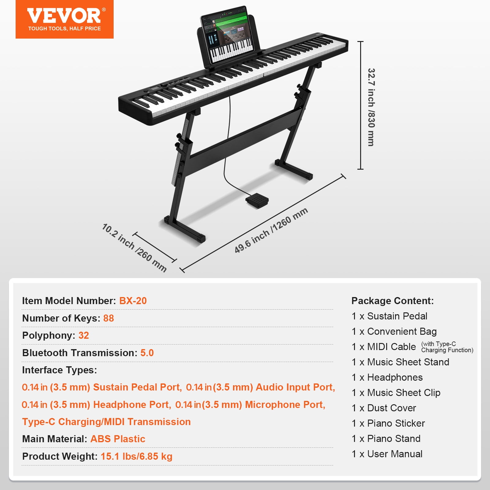VEVOR 88 Key Folding Keyboard Piano, Bluetooth & MIDI, Portable Electronic Digital Foldable Piano with Stand Sustain Pedal Bag Touch Sensitive Keys, Rechargeable for Beginners Teens Adults, Black