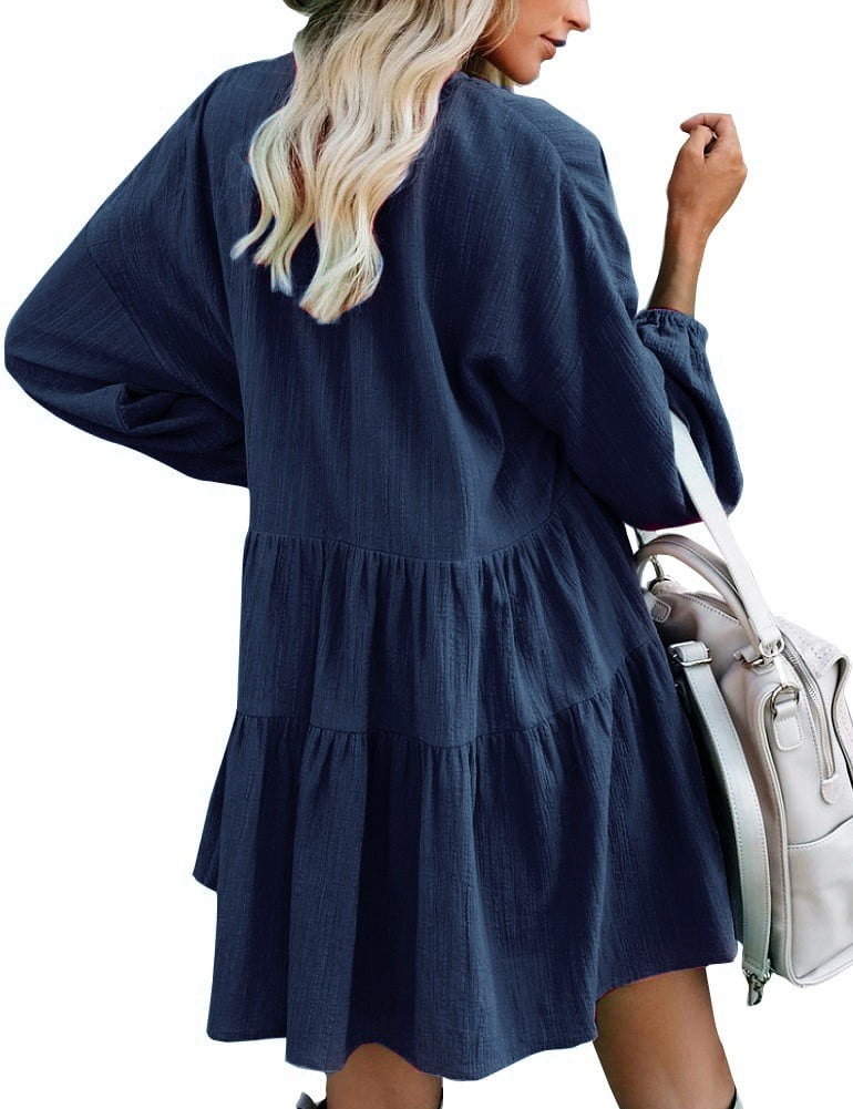 FANCYINN Long Sleeve Shift Tunic Dress Ruffle Swing Babydoll Juniors