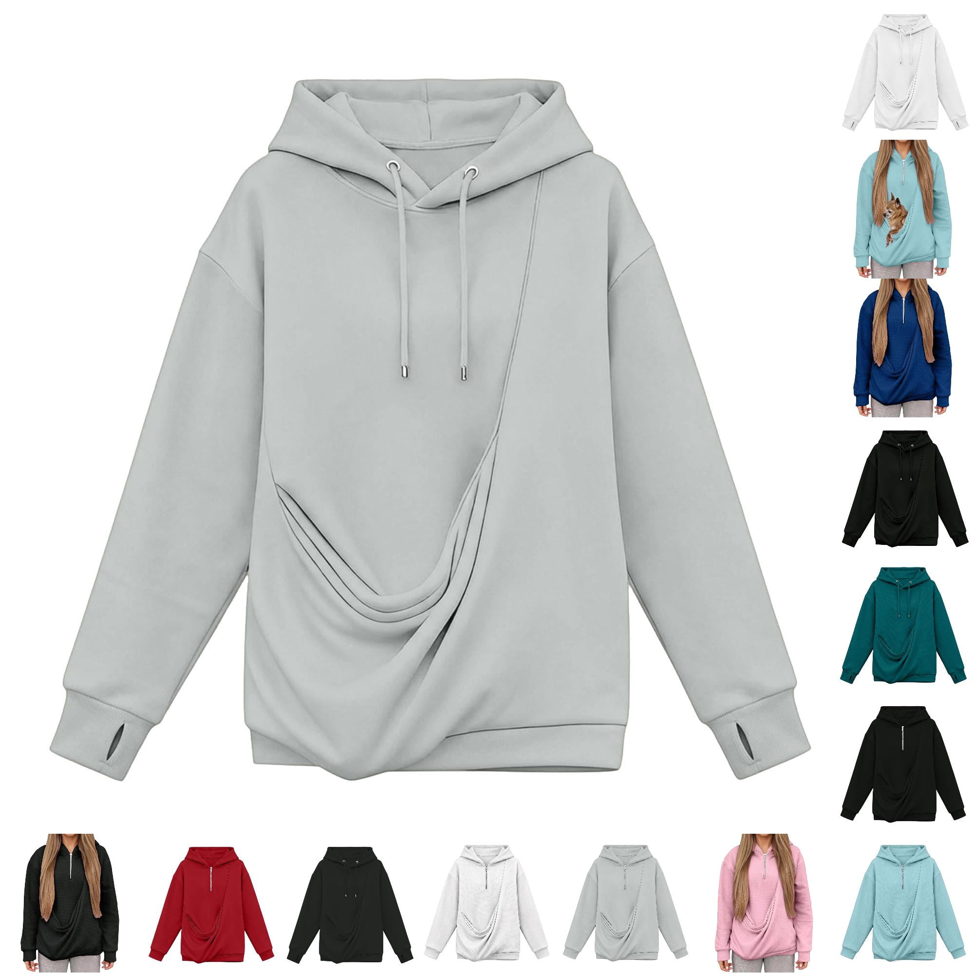 LUOGENLI Women Fall Sweatshirt Pet Carrier Hoodie for Women Front Zipper Pouch Holds Small Dog Cat Long Sleeve Hooded Sweatshirt Light Gray-E XXL