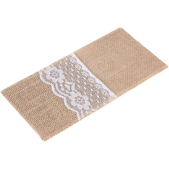 Lot de 10 Pochettes en Toile de Jutes en Dentelle Porte Couvert Jute Toile Sac Pochette Marriage Ornement Set Table Vaisselle Pochette de Couteau et F