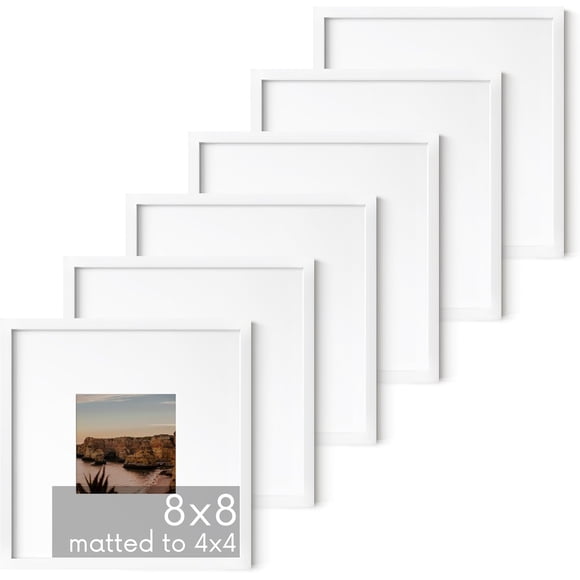 HAUS AND HUES Ensemble de 6 Cadres en Aluminium Blanc 8x8 - avec Passe-Partout pour 4x4, Plexiglas Incassable (8x8 Po, Blanc)
