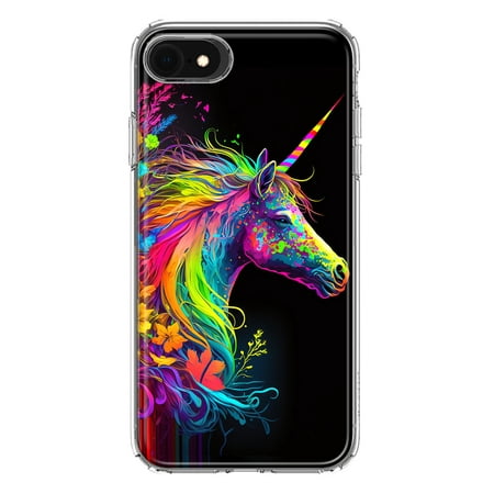MUNDAZE Apple iPhone 6/7/8/SE 2020/SE 3 2022 Neon Rainbow Glow Unicorn Floral Shockproof Clear Hybrid Protective Phone Case Cover