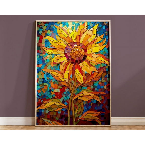 Mosaic Sunflower Art Print Gift For Nature Lover Flower Wall Art Home Decor Acrylic Style Colourful Abstract Collage Stained Glass Floral Wall Art, Modern Wall Decor, 8x12 UNFRAMED