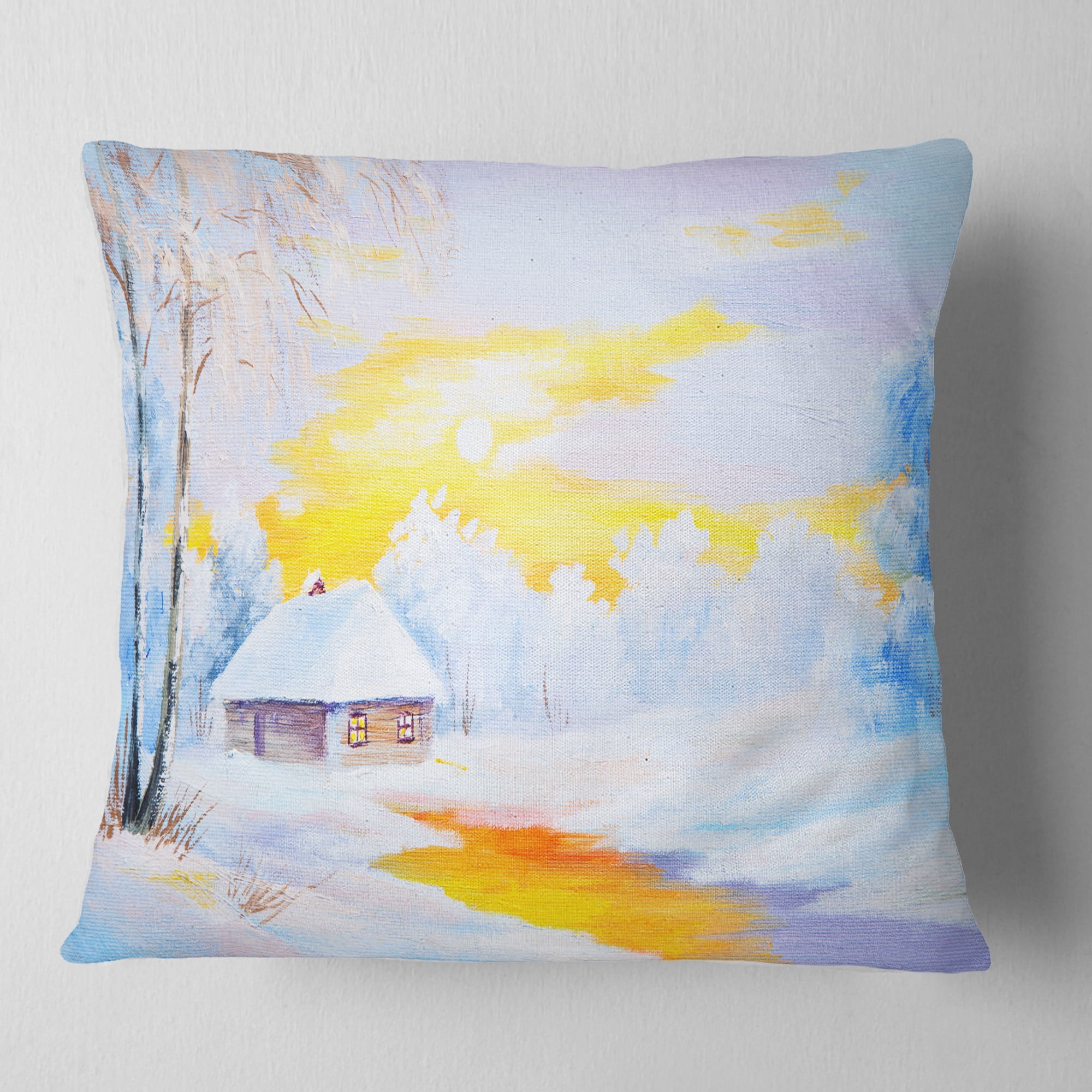 Designart Frozen River in Winter - Landscape Printed Throw Pillow - 16x16