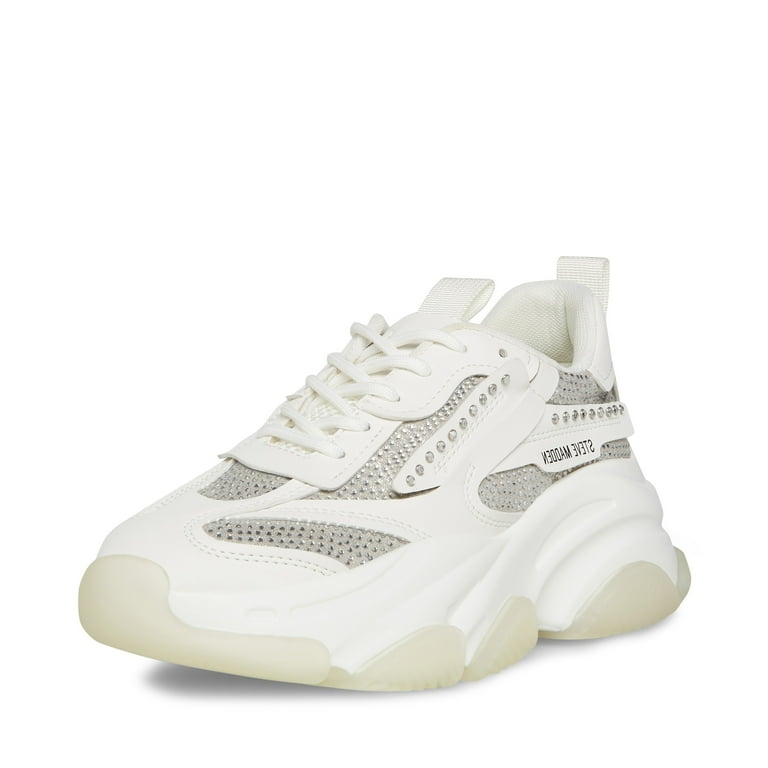 Steve Madden Possession White Rhinestone Embellished Lace Up Low Top Sneakers White Rhinestone 5 Walmart