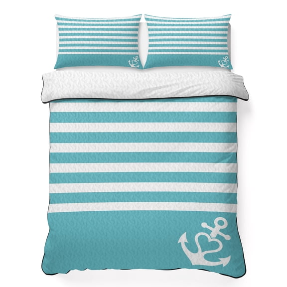 King Quilt Bedding Set Love Nautical Anchor on Blue Summer Quilt Lightweight Quilted Coverlet with 2 Pillow Shams, Classic Horizontal Stripes 3-Piece Bedspread Quilt Set for All Season