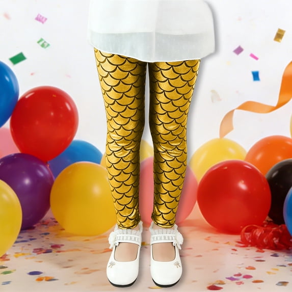 Byoo Toddler Girls' Shiny Scale Print Leggings Stretchy Slim Fit Casual Playwear Trousers for Kids,Gold