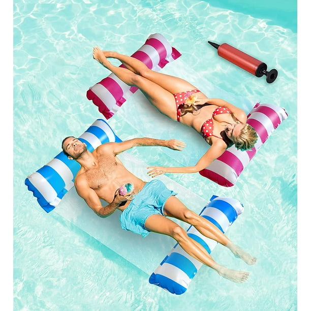 4-in-1 Pool Floats Adult Size - 2 Packs River Float, Pool Floaties for  Adults with Air Pump, Multi-Purpose Pool Toys, Pool Hammock Chair, Saddle
