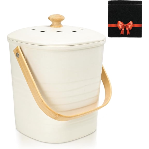 Kitchen Compost Bin,Compost Bin Kitchen Countertop Compost Bin with lid, Small Compost Bin Includes Inner Compost Bucket Liner & Charcoal Filter Recycle Bin for Food Was, White