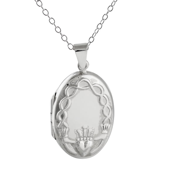 Sterling Silver Oval Irish Claddagh Locket Necklace, 18" Chain, Love Loyalty Friendship