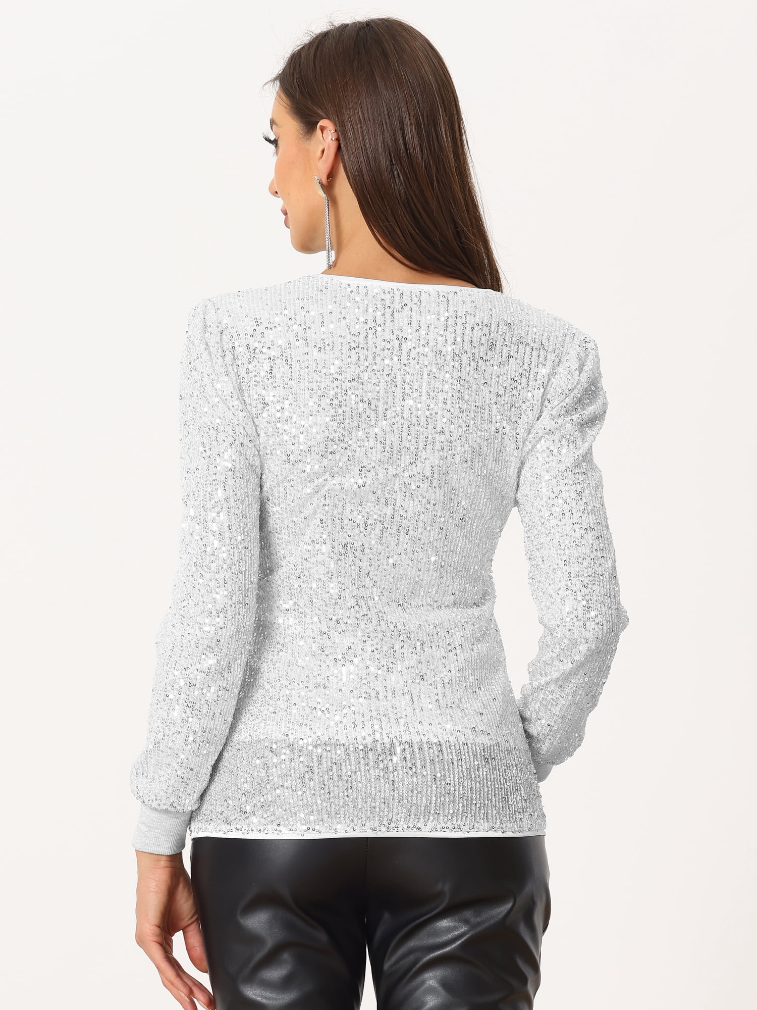 DARING DIVA Women's Sparkly Sequin Top V Neck Blouse XS Silver