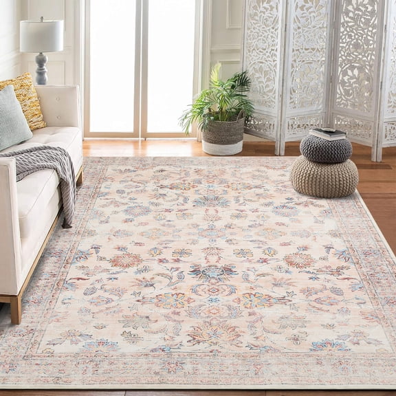 COZONY Vintage Flower 8x10ft Area Rug, Beige, Non-Shedding Washable Carpet for Bedroom or Large Living Room