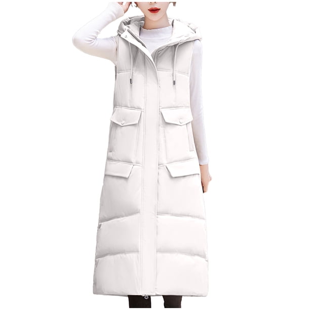 Chaqueta larga de invierno sin mangas con bolsillos para mujer, de algodón y plumón