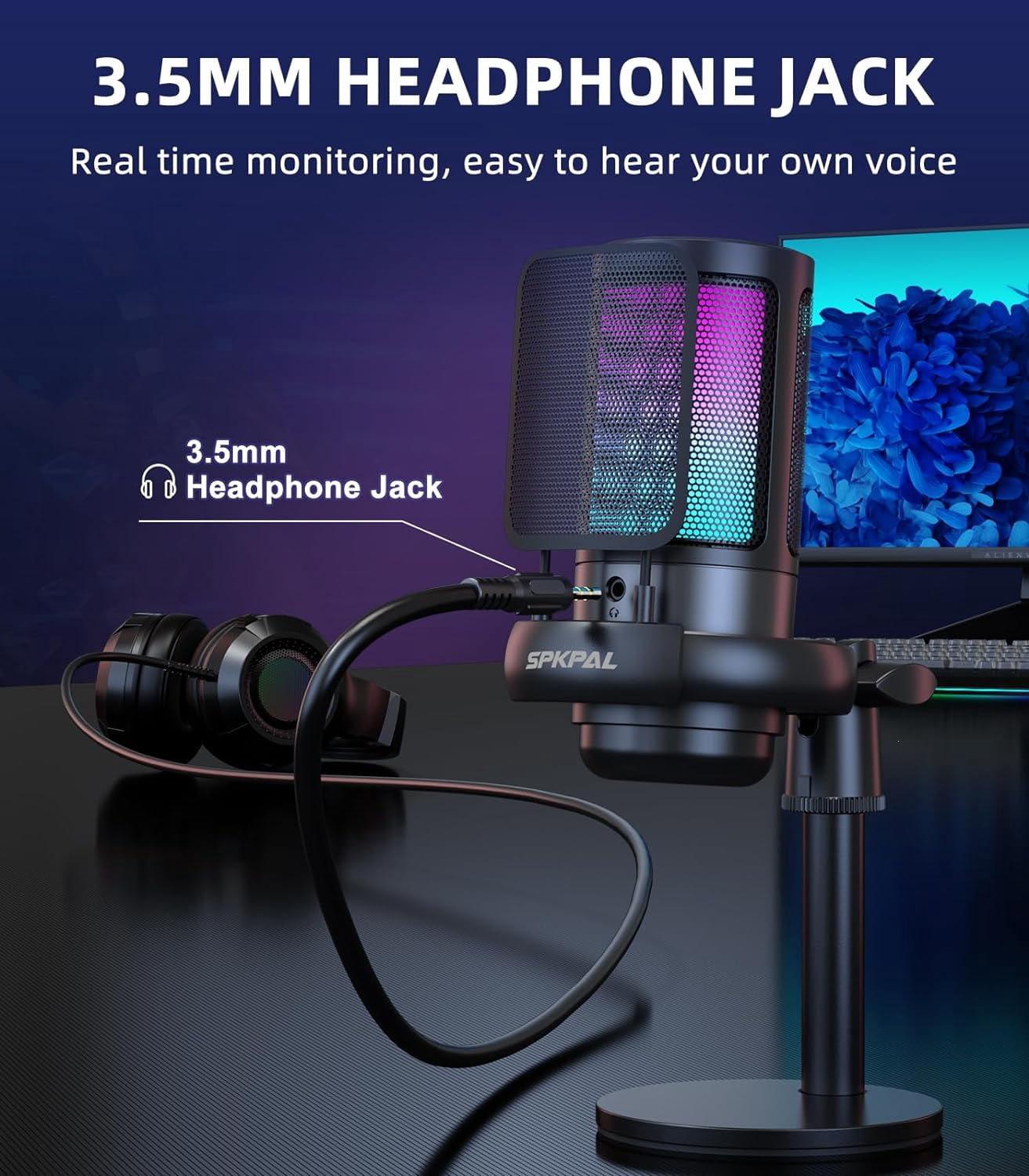 SPKPAL USB Microphone for PC, Gaming Microphone with RGB Light, Mute Button, Gain Knob,Headphones Jack for Streaming, Recording, Chat