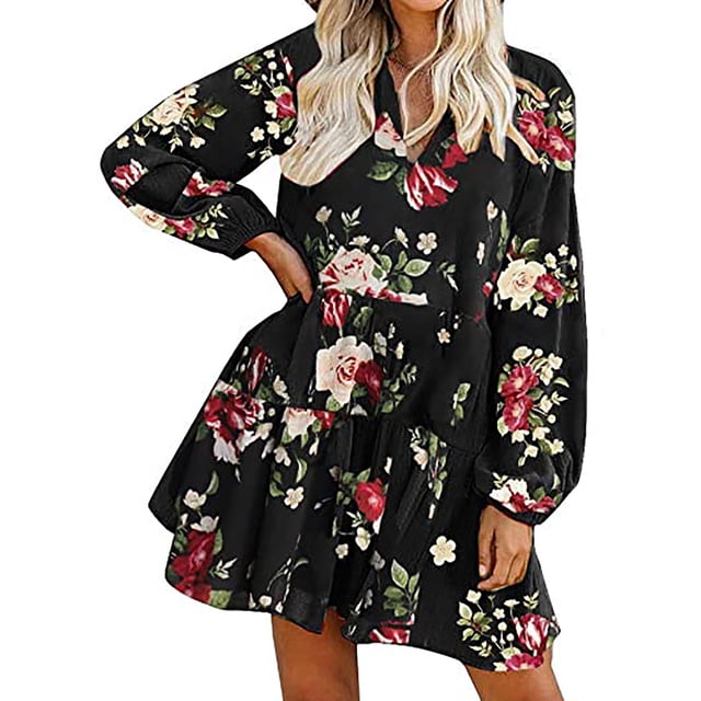 FcBaudy Robe Longue à Manches Longues Col en V, Robes d'Été pour Femmes, Robes Décontractées d'Été pour Femmes Robe Longue à Manches Longues Imprimé Floral Col en V Robe pour Femmes