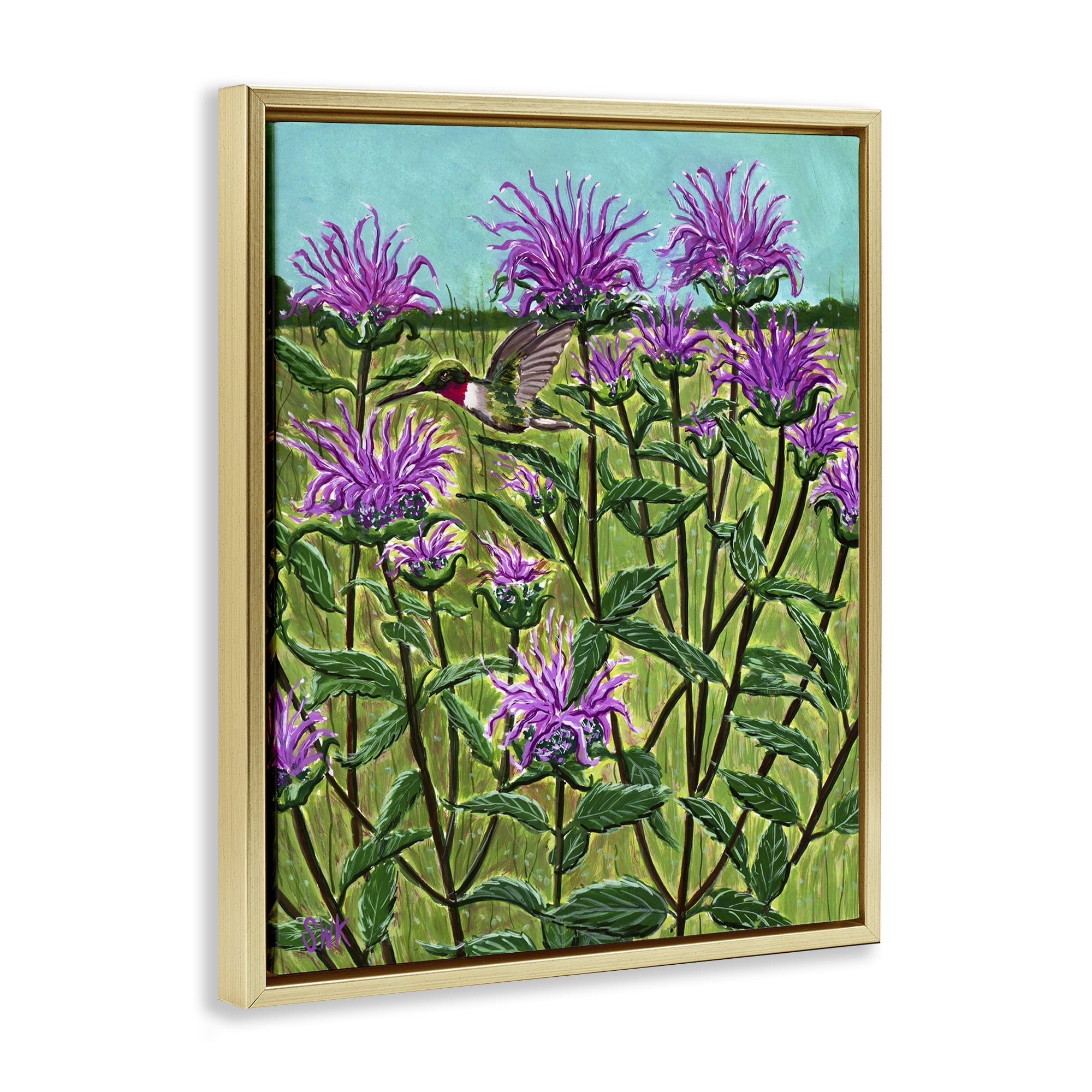 Stupell Industries Ruby Throated Hummingbird & Beebalm Gold Framed Floater Canvas Wall Art, design by Sarah Waldron Kimball