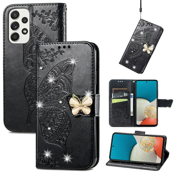 Samsung Galaxy A32 5G Wallet Case, Mantto Bling Butterfly Flower PU Leather Flip Phone Cover Credit Cards Slot Shockproof Protective Kickstand Case for Samsung Galaxy A32 5G, Black