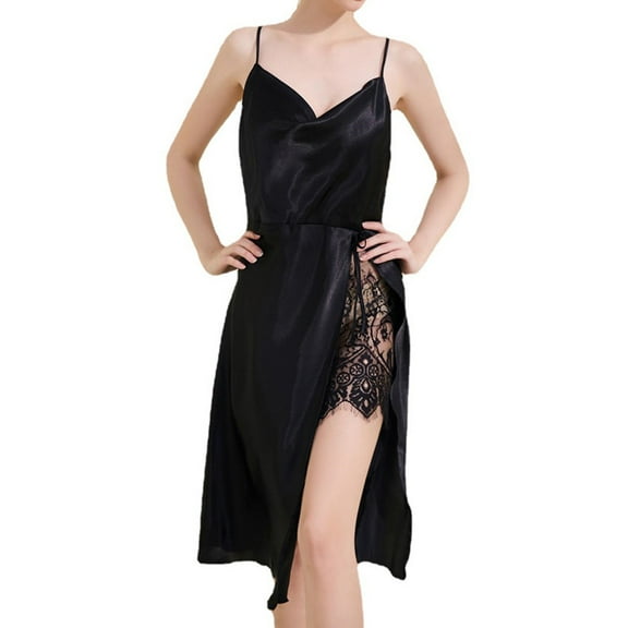 Defitshape Women's Silk Nightgown Summer Chemise Knotted Lace Satin Pajama Dress Drape Neck Backless High Slit Knee Length Sleep Dress Spaghetti Straps Lingerie Flounce Flowy Black X-Large