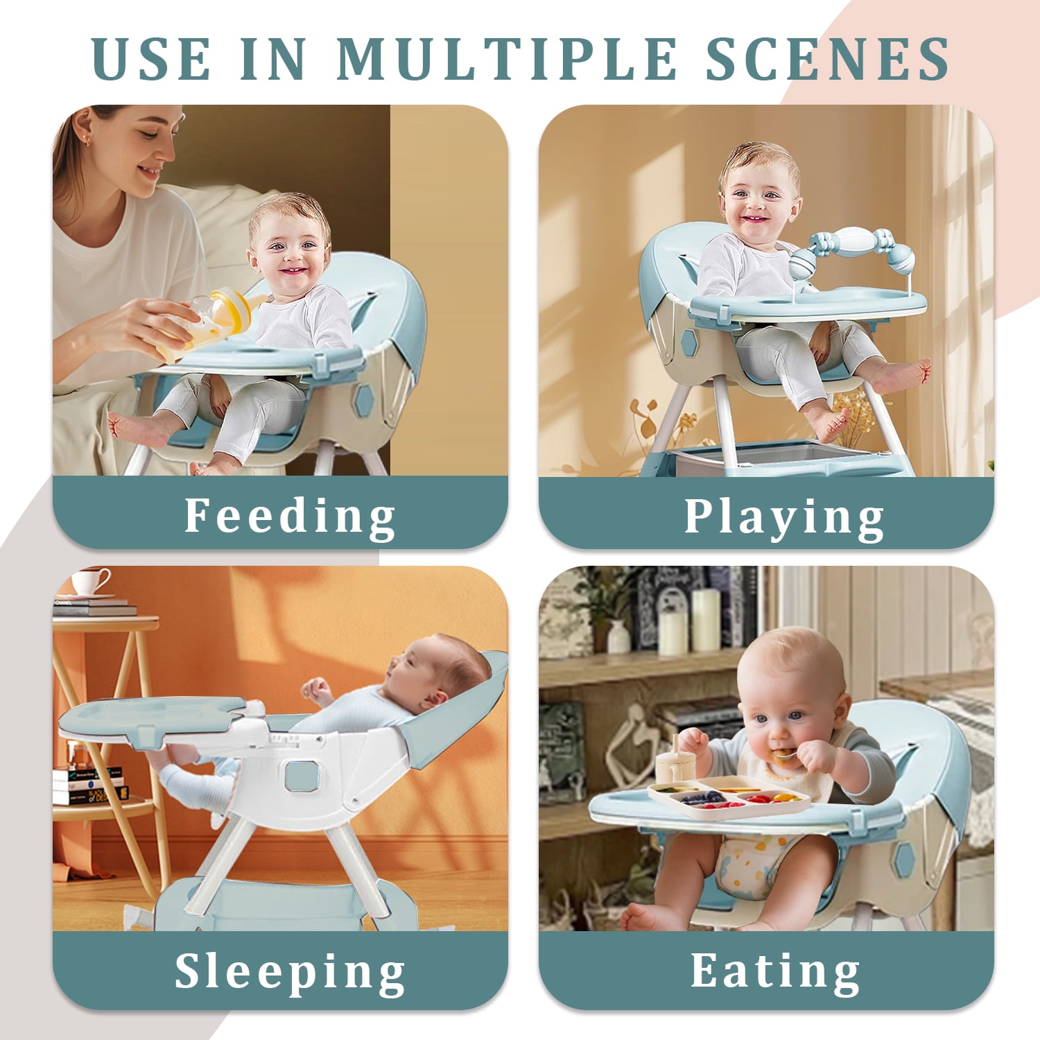 KFeng 4-in-1 Foldable Baby High Chair,Combines Play and Dining,Adjustable Dual-layer Tray and Backrest, Green