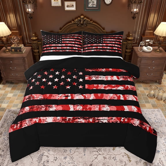 Homewish Rustic Camo Camouflage Bedding Comforter Set,American Falg Pattern Twin Comforter Sets,Red Black Bedding Set For Teens,Super Cozy Room Decor Reversible,2 Pieces