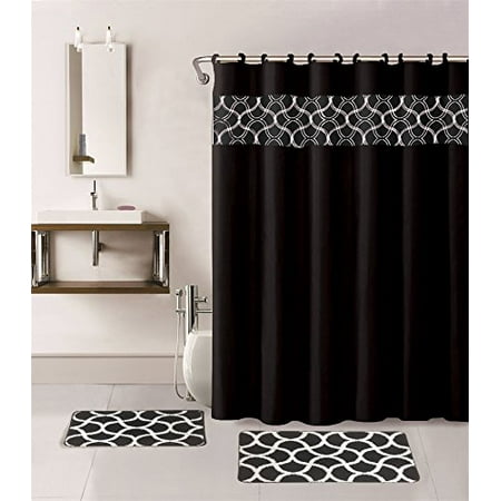 15-piece Hotel Bathroom Sets - 2 Non-Slip Bath Mats Rugs Fabric Shower Curtain 12-Hooks  GEOMATRIC BLACK