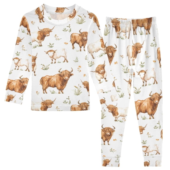 joogoo Highland Cattle Flower-w2 2 Piece Long Sleeve Tee and Pants Cotton Pajama Set 4T