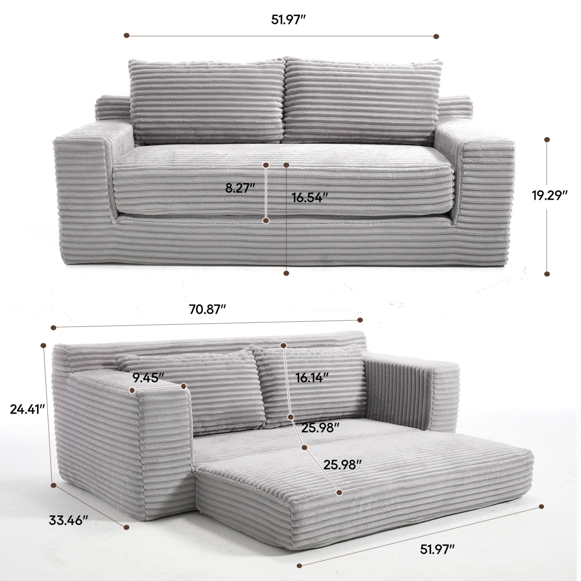 Leumius 70" Corduroy Loveseat Sofa,Pull Out Sleeper Sofa Bed,2-in-1Convertible Sofa Bed with Memory Foam & Steel Frame,No Assembly,Compact Couch for Small Spaces,Apartments,Grey