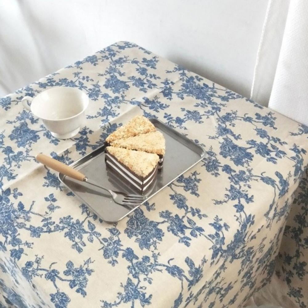 Blue Floral Table Cloth Retro Cotton Linen Blue Flower Wild Rose