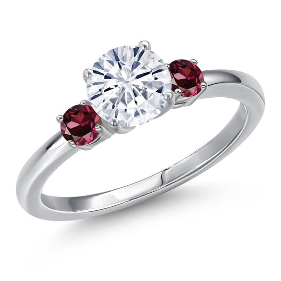 Gem Stone King 14K White Gold White Moissanite and Red Rhodolite Garnet Engagement Ring for Women | 1.24 Cttw | Round 6.5MM | Gemstone Birthstone | Size 5