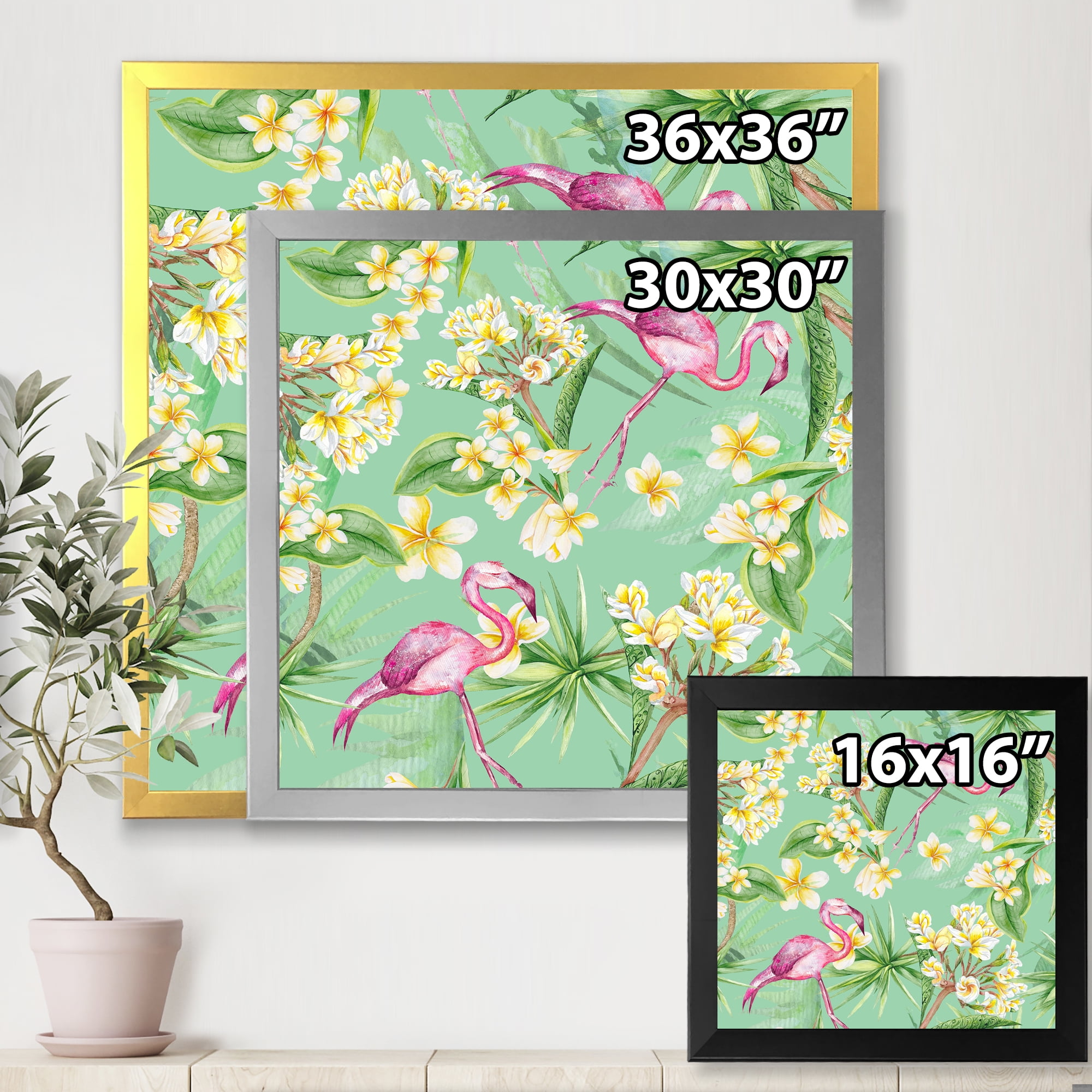 Designart 'Yellow Flowers, Tropical Foliage With Flamingo V' Traditional Framed Art Print