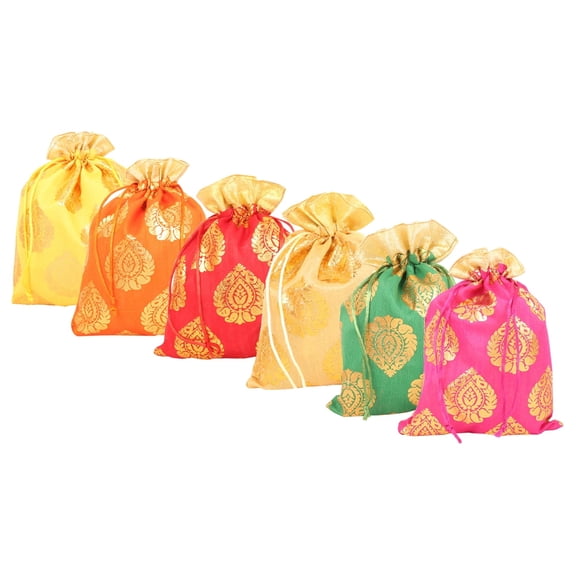 Sunsoul by Touchstone Indian Paisley Golden Petaled 6 Assorted Colors Synthetic Brocade Organza Border Party Favors 9"x7" Drawstring Pouches Shopping Gifts Jewelry Wedding Bags Set Of 6 For Women.