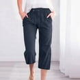 thumbnail image 1 of Lroveb Capri Pants for Women Plus Size Womens High Waisted Linen Pants Wide Leg Pants Drawstring Elastic Trousers Comfy Straight Long With Pockets Navy, 1 of 5