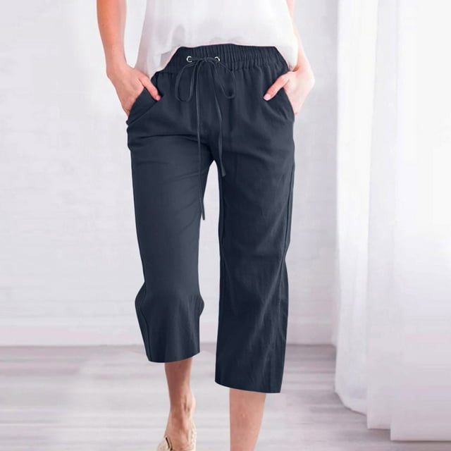 Lroveb Capri Pants for Women Plus Size Womens High Waisted Linen Pants Wide Leg Pants Drawstring Elastic Trousers Comfy Straight Long With Pockets Navy