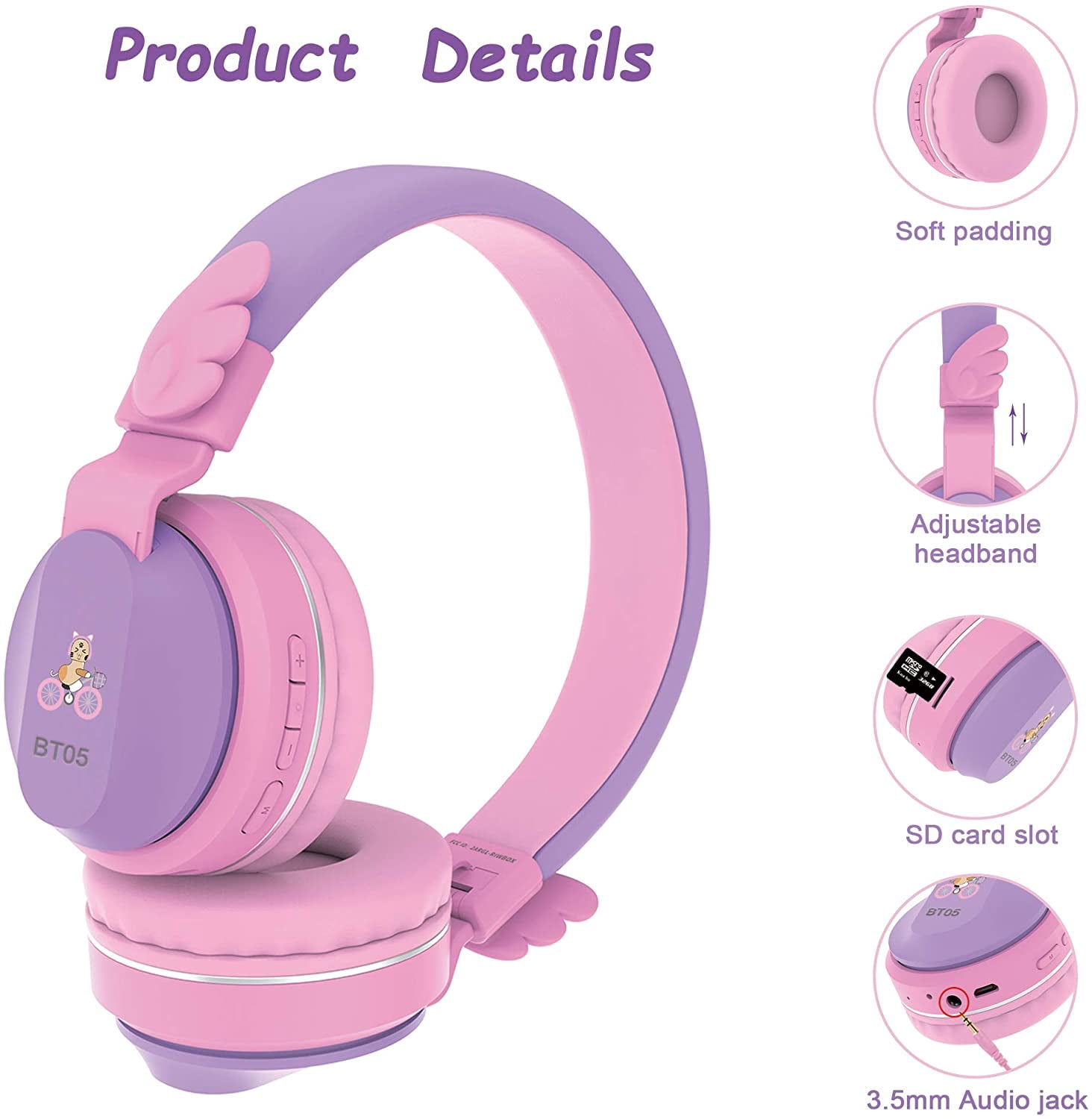 Riwbox BT05 Bluetooth Kids Headphones Wireless Foldable Headset Over Ear with Volume Limited and Mic/TF Card Compatible for iPad/iPhone/Tablet(Purple&Pink)