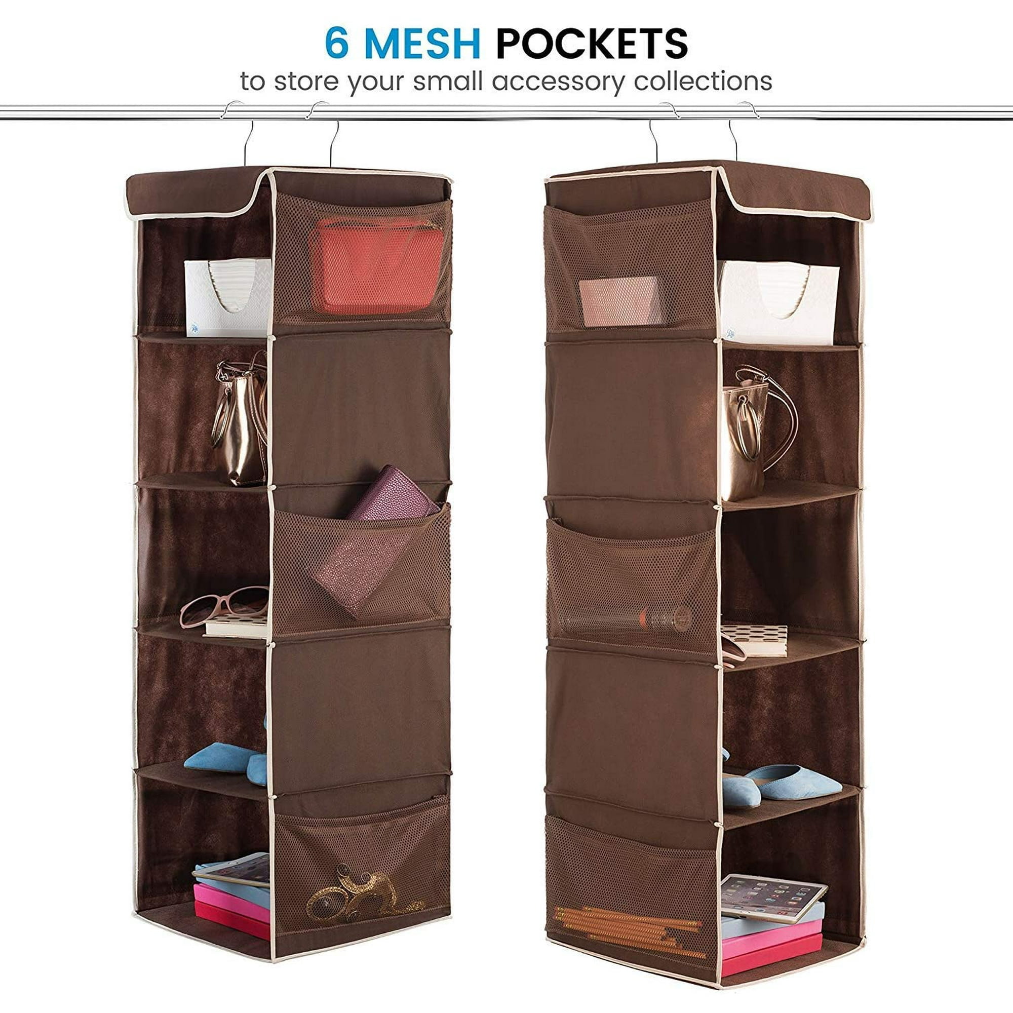 Zober 5 Shelf Hanging Closet Organizer Space Saver Roomy Breathable Hanging Shelves With 6 Side Accessories Pockets And 2 Sturdy Hooks For Clothes Storage And Shoes Etc. 12 x 11 x 42 In Java Walmart.c...