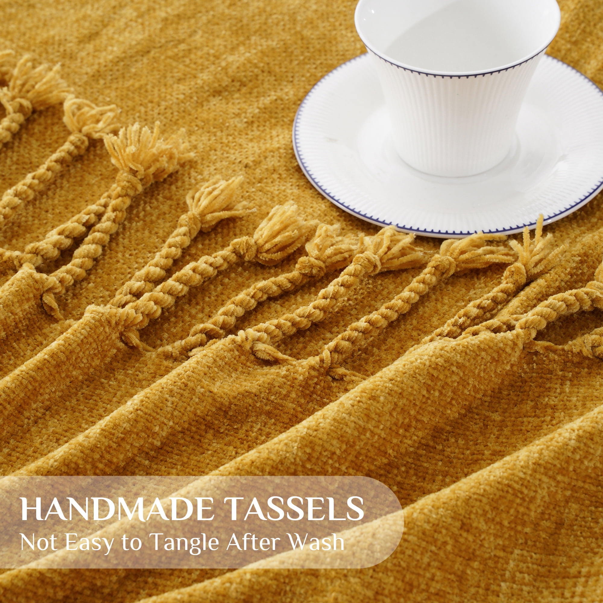 Battilo Mustard Yellow Chenille Throw Blanket,Decorative Fringe Velvety Gold Blanket for Home Decor,50"x60"
