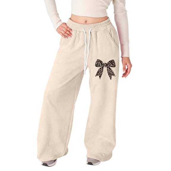 Byoo Toddler Girls Printed Jogger Pants Soft Leopard Bow Graphic Elastic Waist Trousers School Active Pants for Kids,Beige