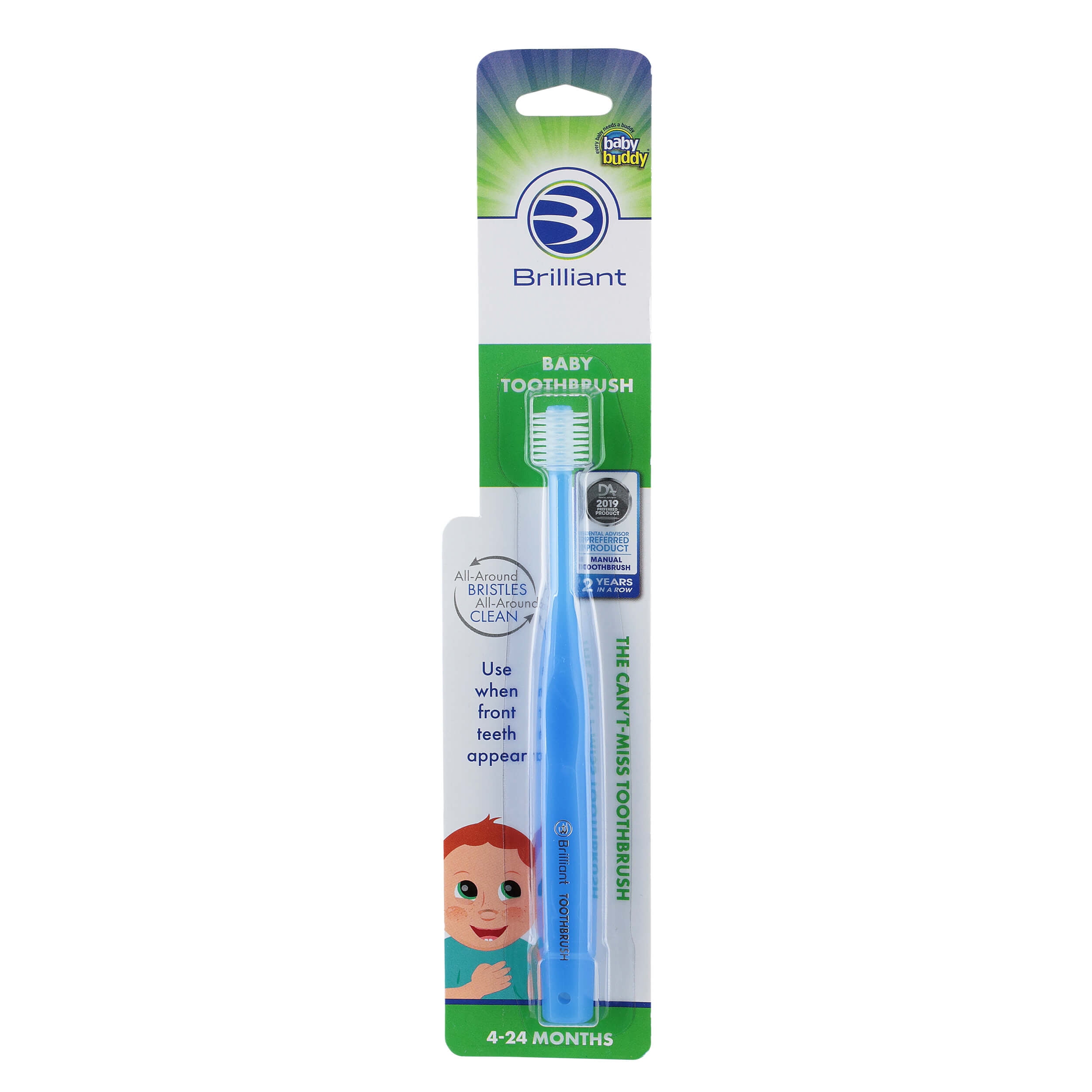 Brilliant Baby Toothbrush by Baby Buddy, for Ages 4-24 Months, Round Head, Bristles Clean All-Around Mouth, Blue, 1 Pack