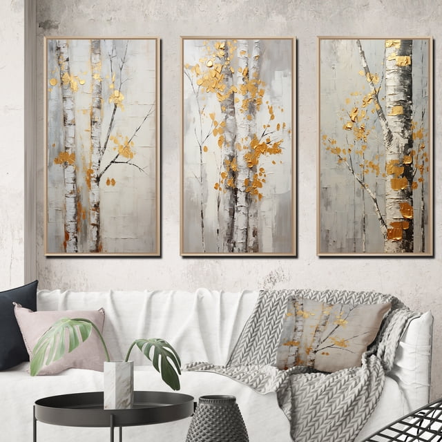 Designart "Tree Of Grey & Yellow III" Floral & Botanical Framed Wall Art Set Of 3 - Yellow Tree Monochrome Frame Gallery Wall Set For Home Decor