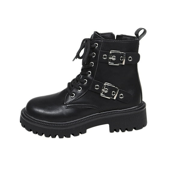 Xfvqtps Womens Fashion Winter Boots Chunky Lace up Ankle Booties with Side Zipper Round Toe Buckle Decor Casual Boots for Fall Winter Outdoor Black