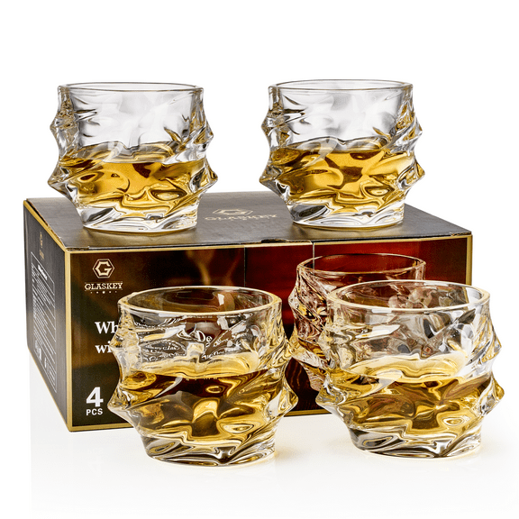GLASKEY Hand Blown Crystal Whiskey Glasses Set of 4, 12oz Unique Cognac Glasses, Heavy Thick Bottom Bar Glasses for Scotch Bourbon Rum Gin Water Cocktail,Gifts Men Gifts Ideas