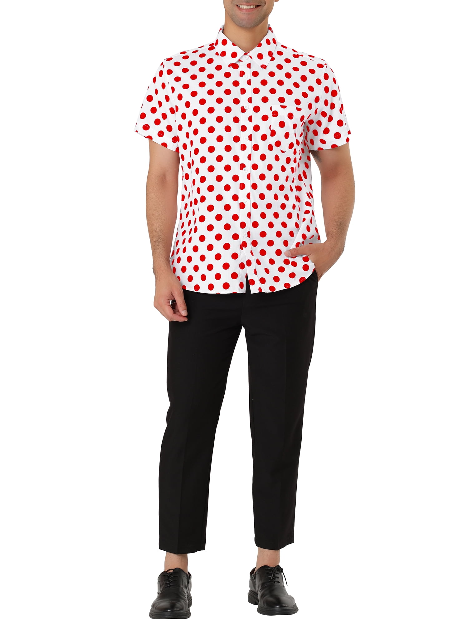 Unique Bargains Men's Button Down Short Sleeves Cotton Polka Dots Shirt M (US 38) Red White