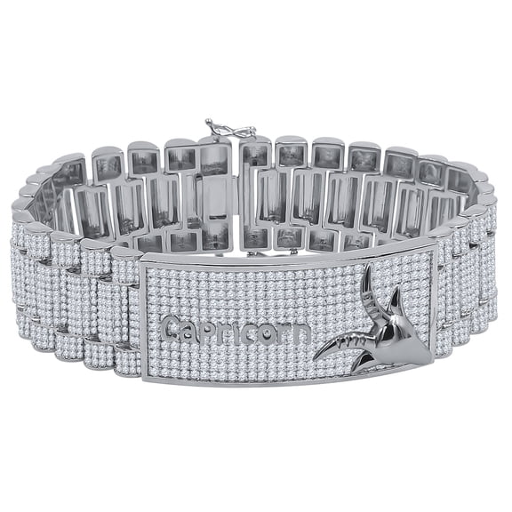 Zodiac Sign Capricorn Horse 14K White Gold Tone Simulated Diamond Mens Bracelet 8.5''