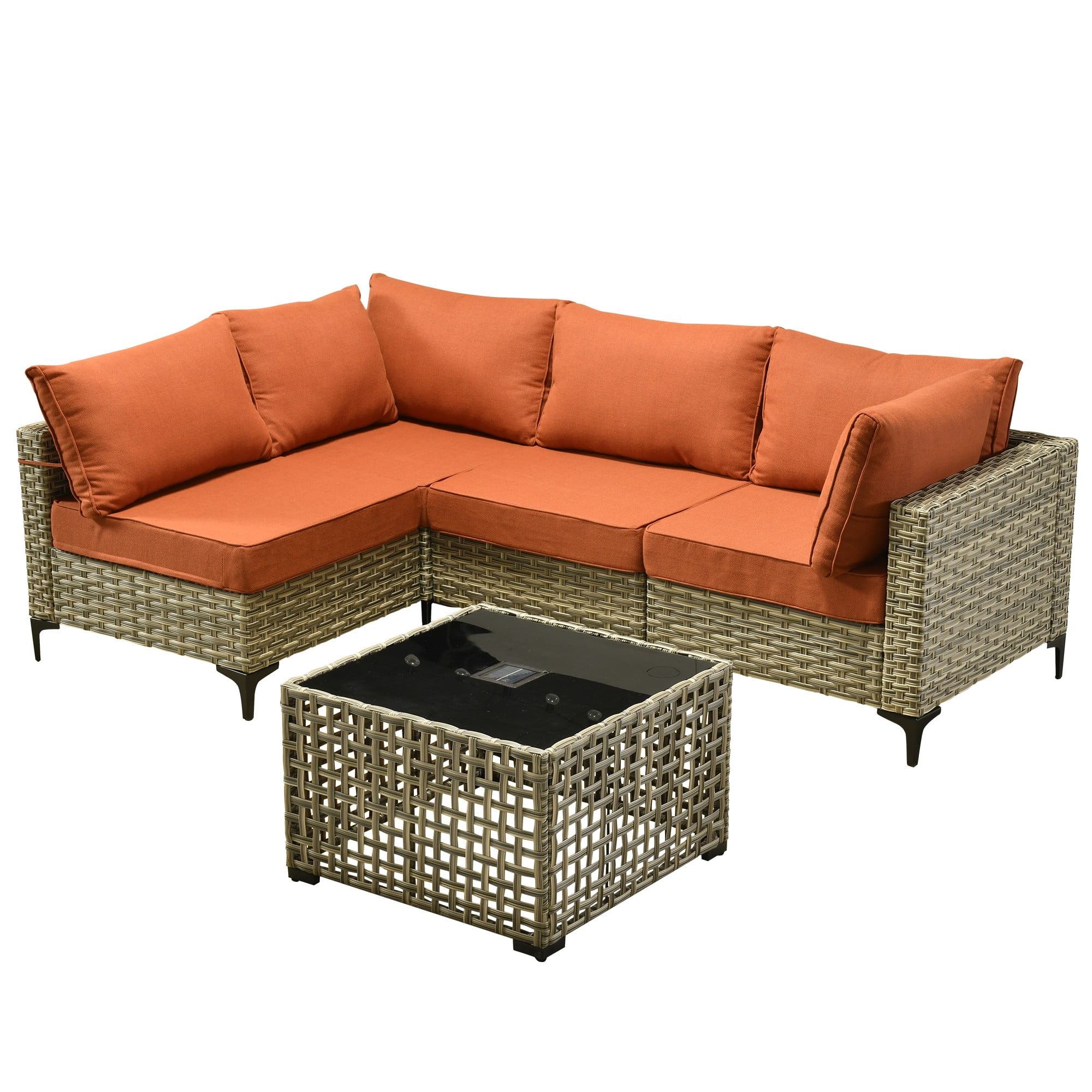 Ovios 5 Pieces Outdoor Patio Furniture Wicker Conversation Sectional with High-Back & Solar Lamps Coffee Table for Backyard
