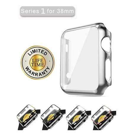 Apple Metal Plates - iClover Apple Watch 38mm Series 1 Screen Protector Case Ultra-Slim Electroplate Metal Plated Hard Cover with Full Coverage Tempered Glass Screen Protector Cover for Apple Watch 38mm,Silver