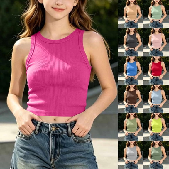 akafmk Teen Girls Tank Tops Ribbed Knit Crop Tops Slim Crewneck Casual Summer Sleeveless Tops 9-14 Years