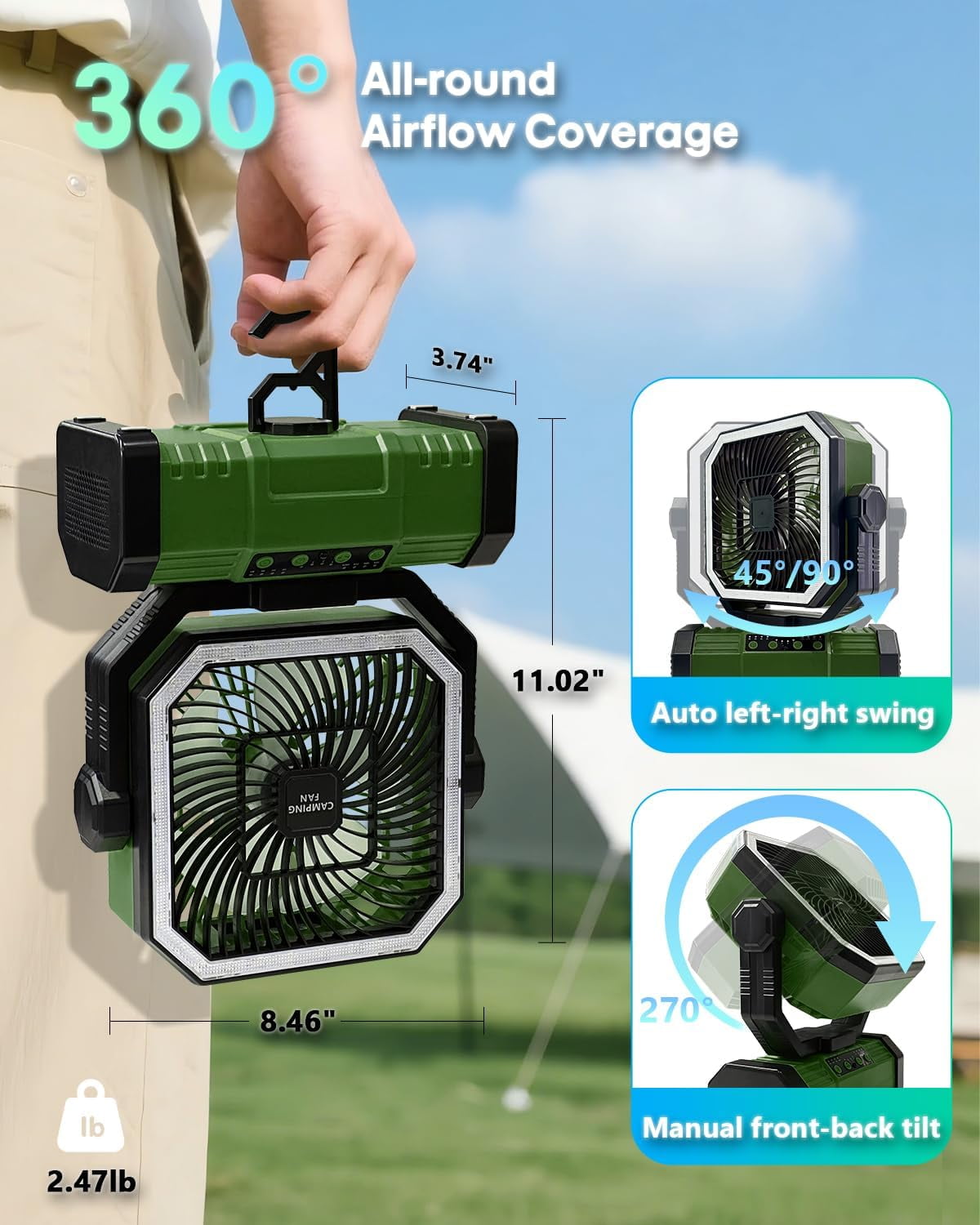 SuperRGB Portable Camping Fan, 20000mAh Rechargeable Battery Operated Fan with Bluetooth Speaker, LED Light & Remote, 4 Speeds, Timer & Hook for Tent, Outdoor, Travel, Green